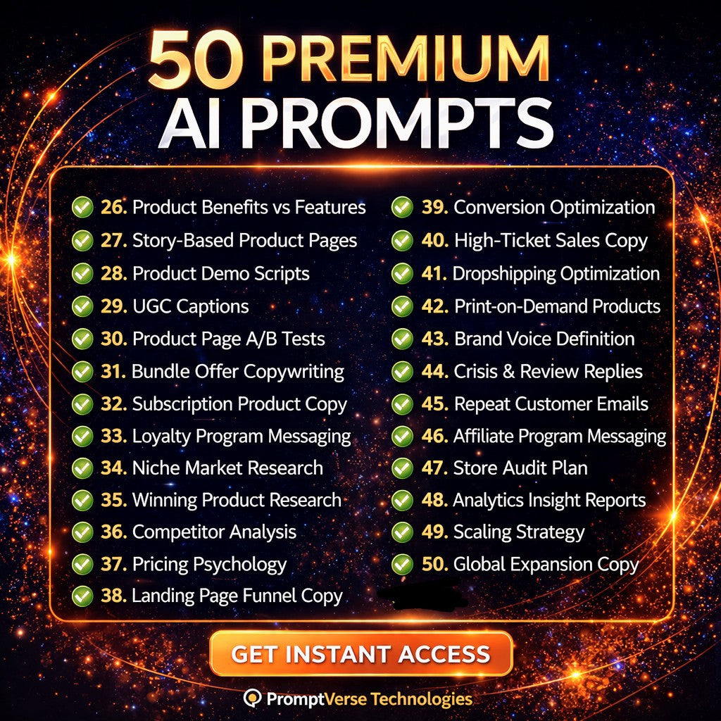Enterprise AI prompts pack by PromptVerse Technologies with 50 premium prompts for marketing, sales, and e-commerce business growth.