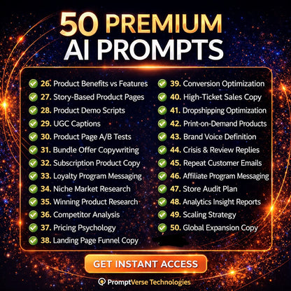 Enterprise AI prompts pack by PromptVerse Technologies with 50 premium prompts for marketing, sales, and e-commerce business growth.